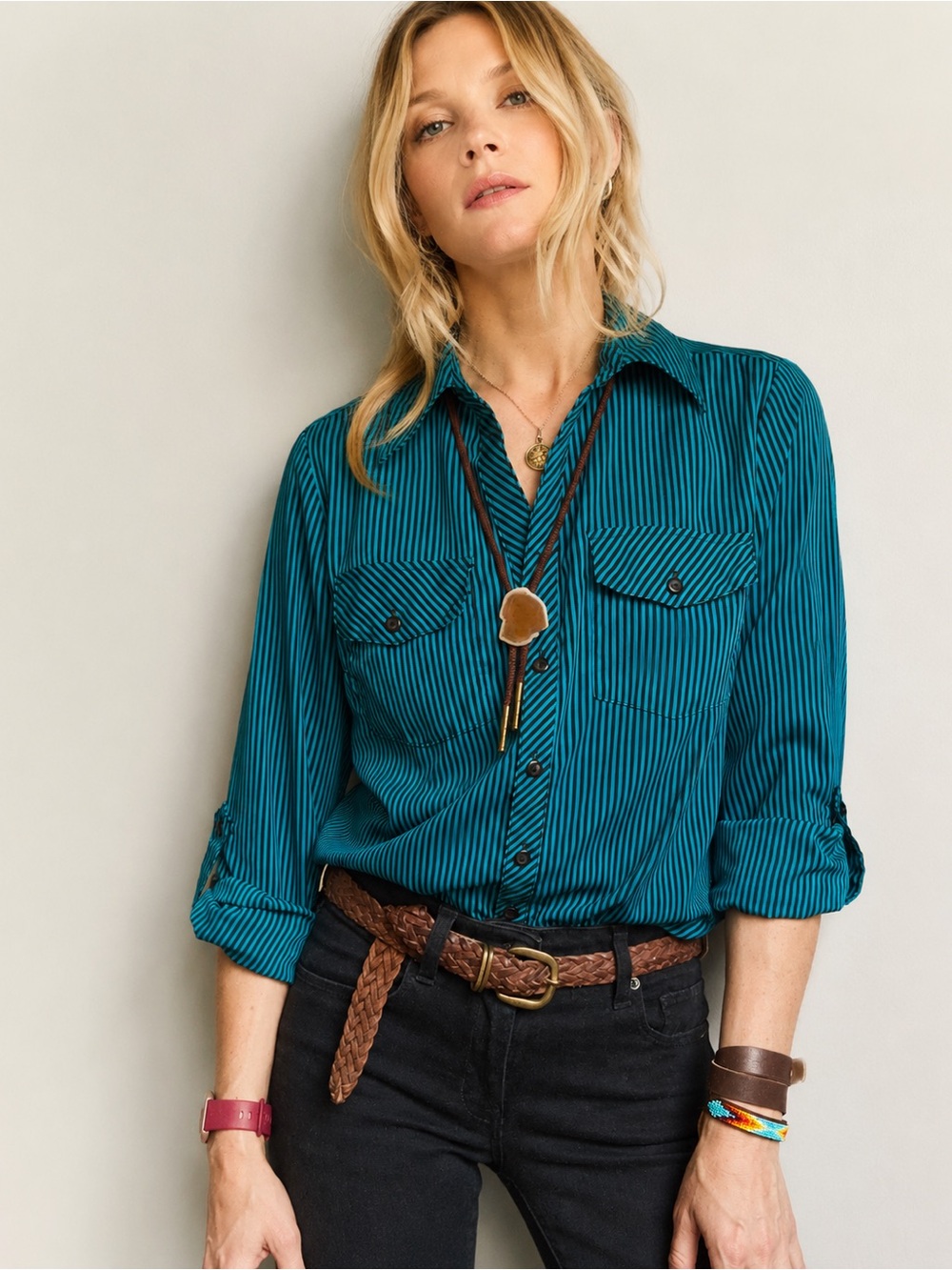 Vintage Notations Y2K Teal Black Stripe Button Down Blouse Size Small